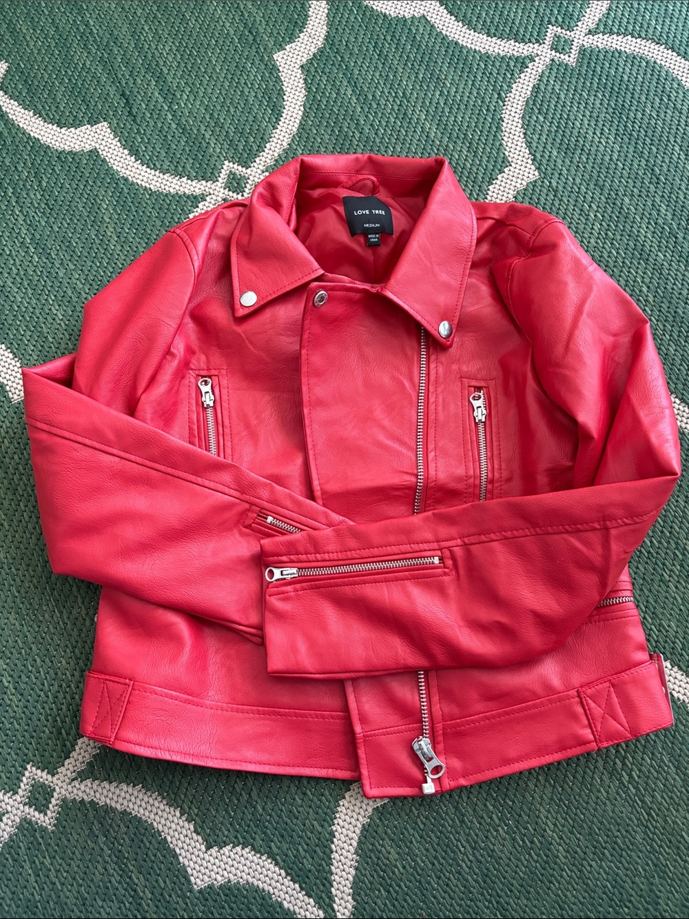 Love Tree Bright Red Faux Leather Moto Jacket